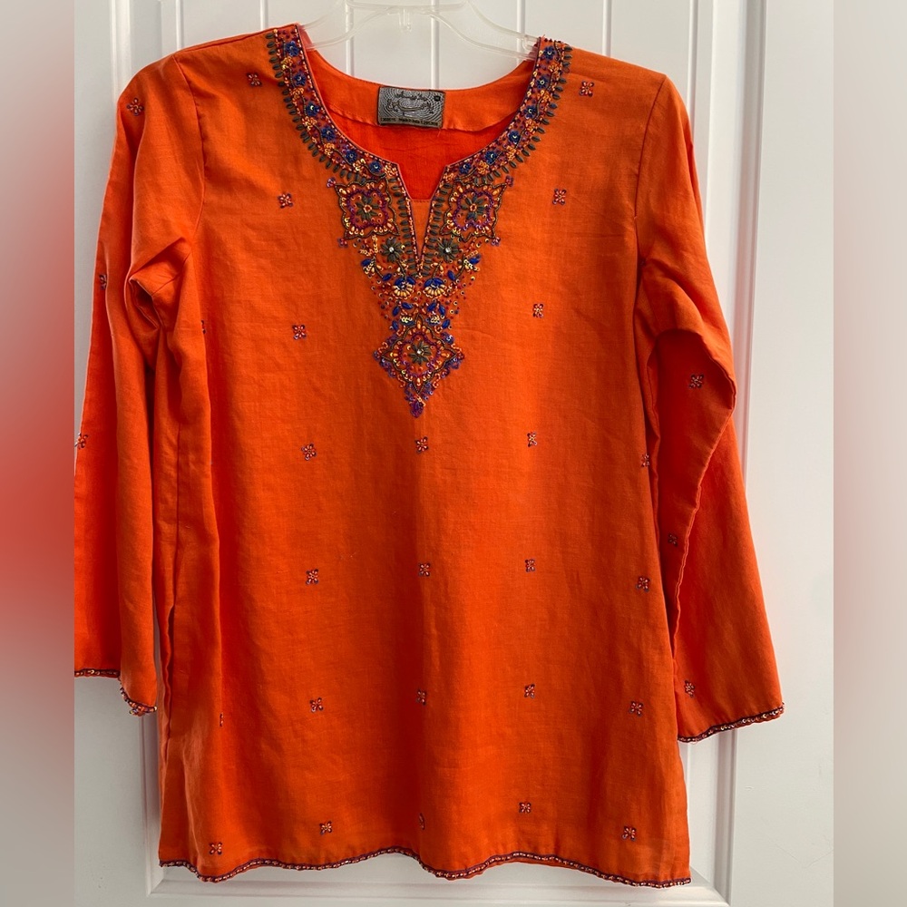 Embroidered Orange Women's Top - 3/4 sleeve
